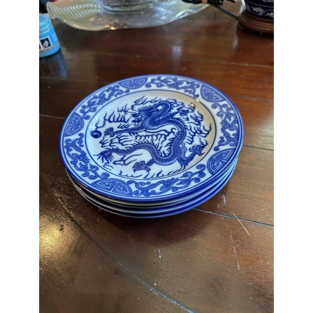 Blue & White China Dragon Motif Plates Bombay Asian Garden Pattern Set Of 4